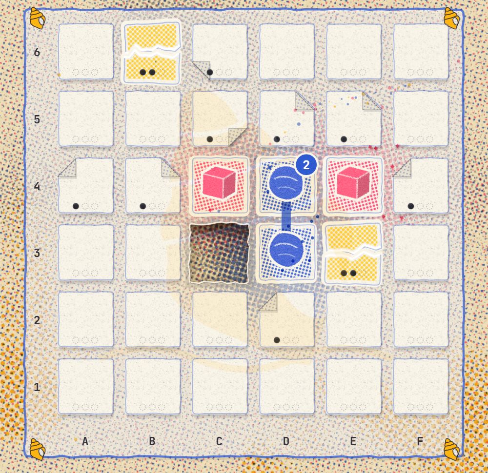 An Overleaf board: blue round pieces and pink square pieces on scuffed paper tiles.